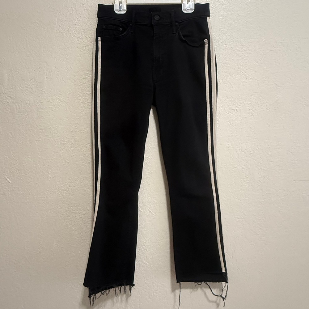Mother Insider Crop Step Fray‎ Jeans Guilty Racer Black White Stripe Size 27